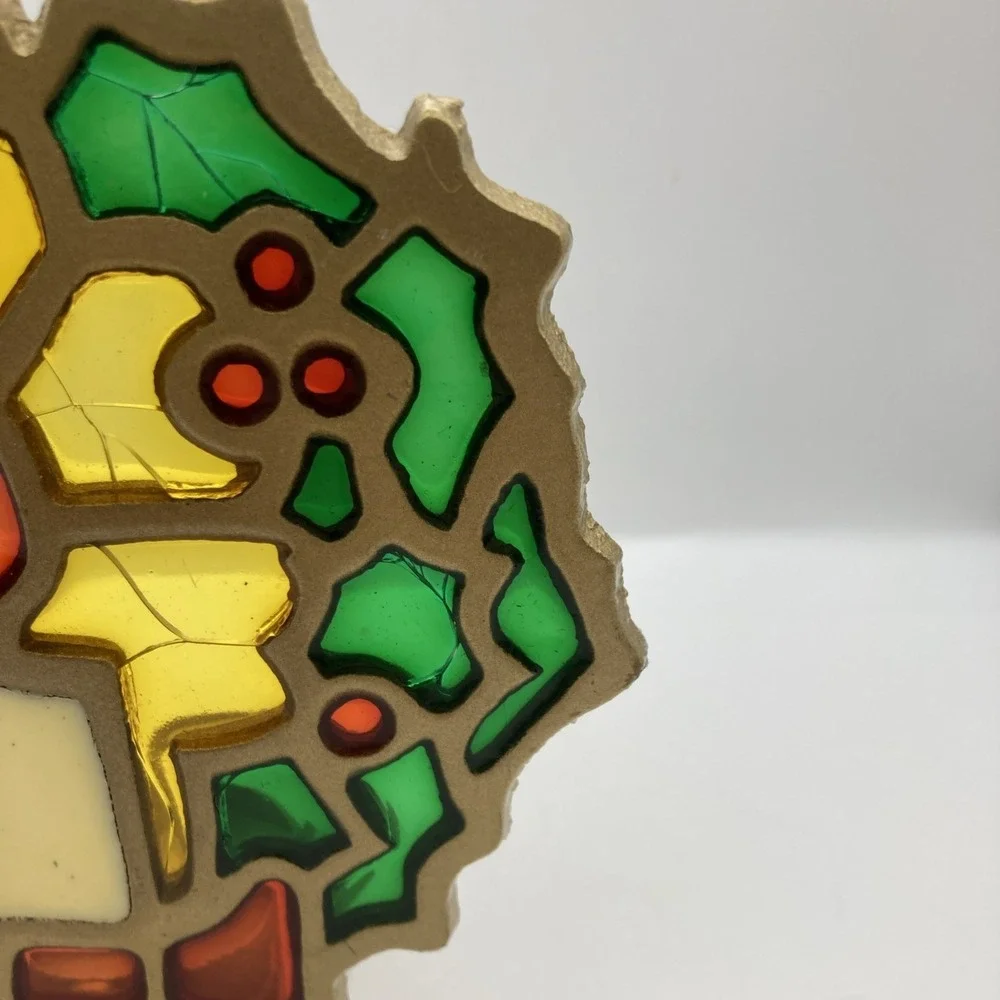 Vintage STAINED GLASS Cast Iron Wreath CANDLE HOLDER MCM 70s Christmas - Picture 8 of 11